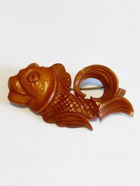 Carved Bakelite Koi Fish Vintage Brooch Pin in Butterscotch Orange color